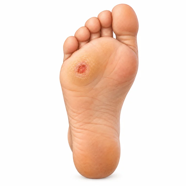 Medical illustration of a small diabetic foot ulcer on the sole near the forefoot
