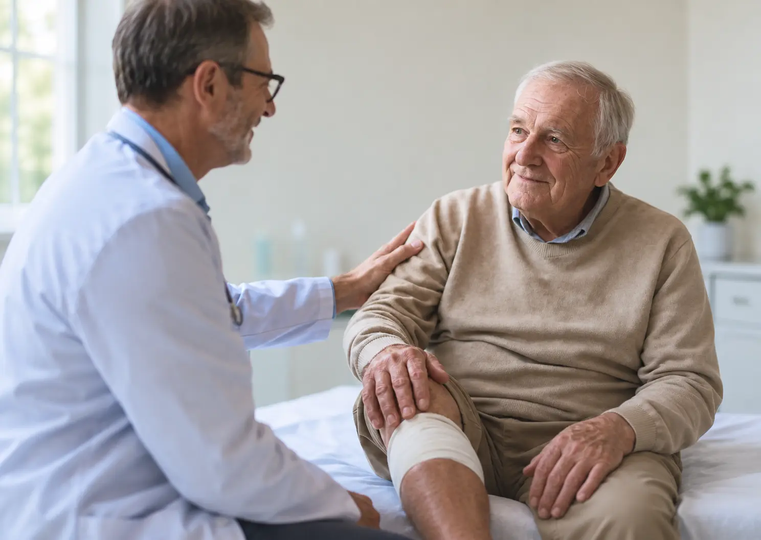 Doctor speaking with an older patient during a clinical consultation