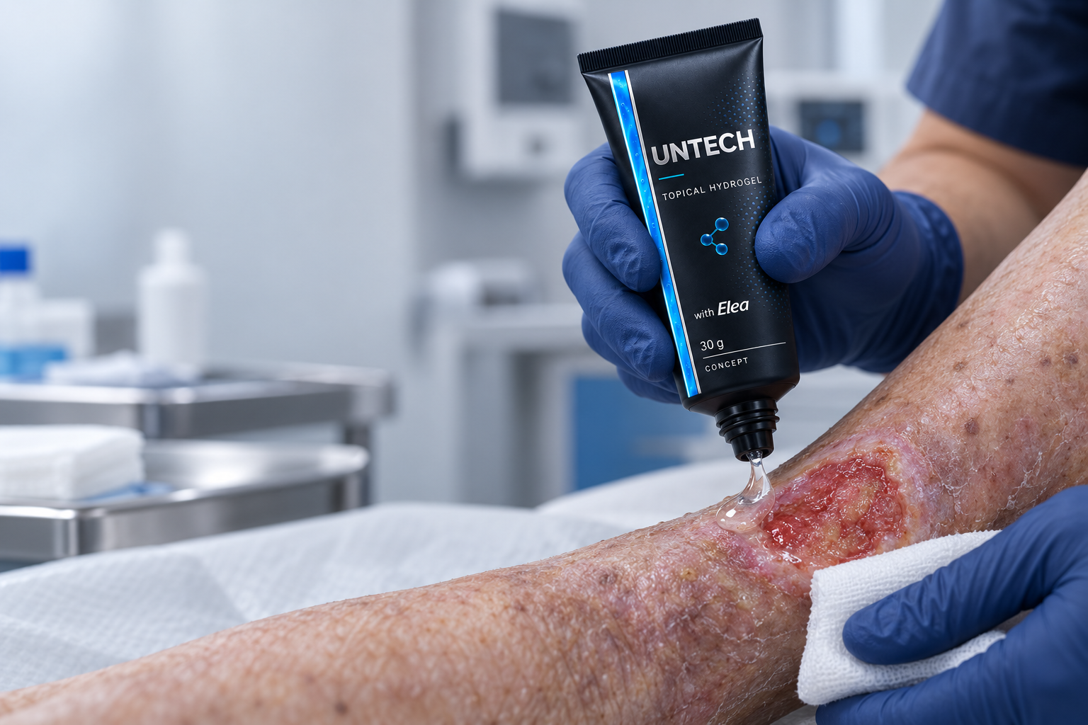 Clinician applying transparent UNTECH topical hydrogel to a chronic lower-leg wound